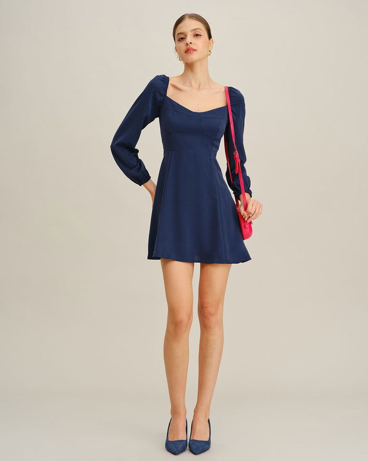 Navy Puffed Sleeve A-Line Mini Dress