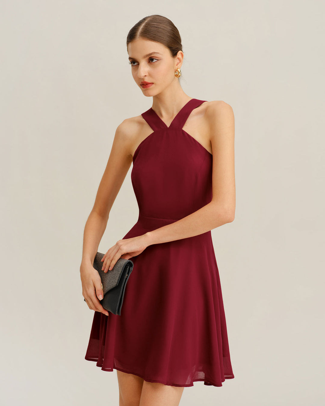 Wine Red Chiffon A-Line Sleeveless Mini Dress
