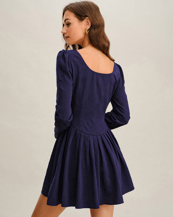 Navy V Neck Pleated Mini Dress