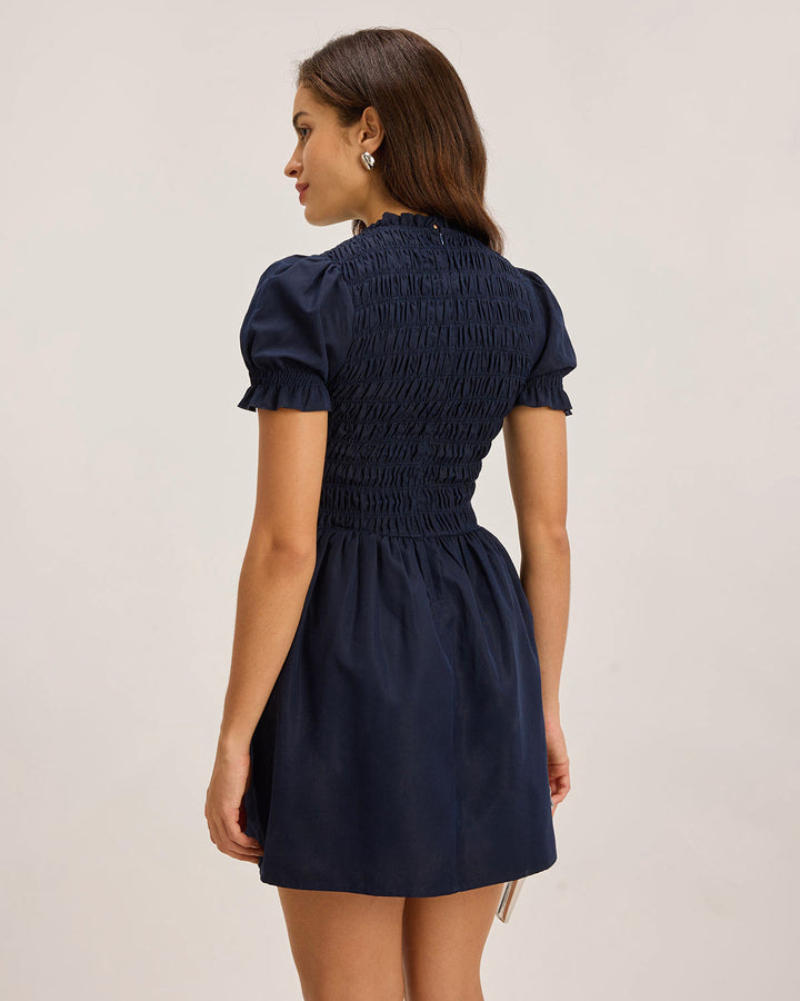 Blue Shirred Puffed Sleeve Mini Dress
