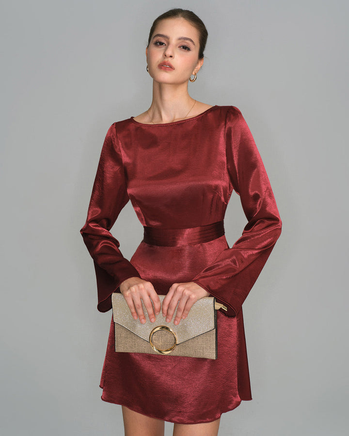 Wine Red Satin Bell Sleeve Mini Dress