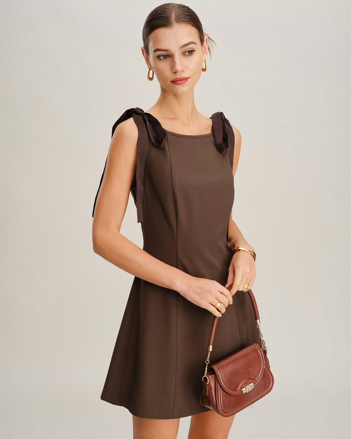Coffee Boat Neck Tie Strap Mini Dress