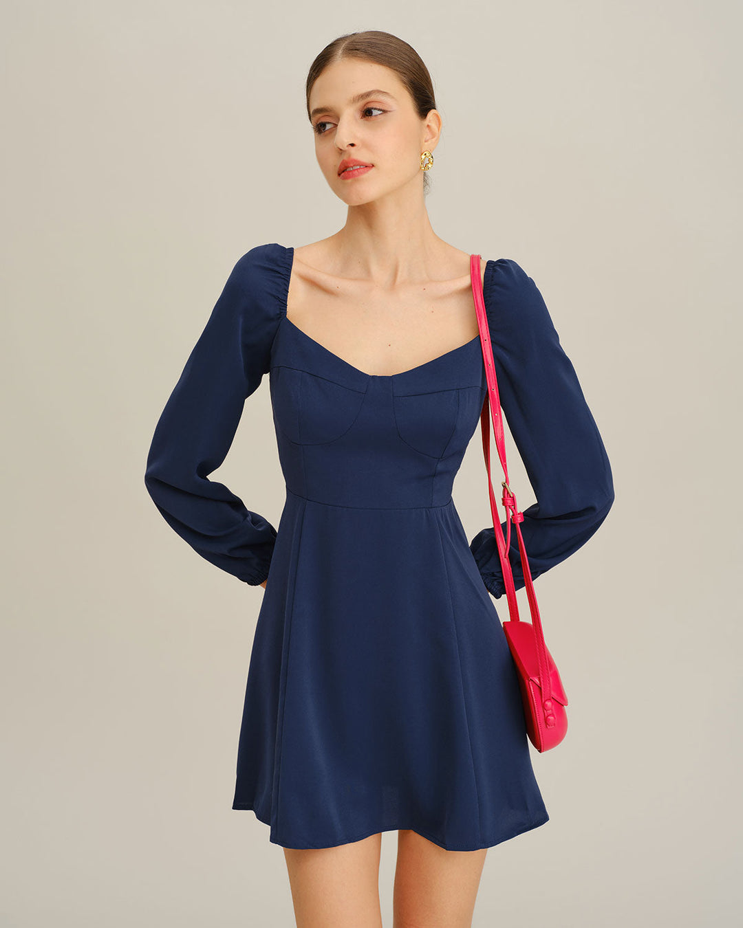 Navy Puffed Sleeve A-Line Mini Dress