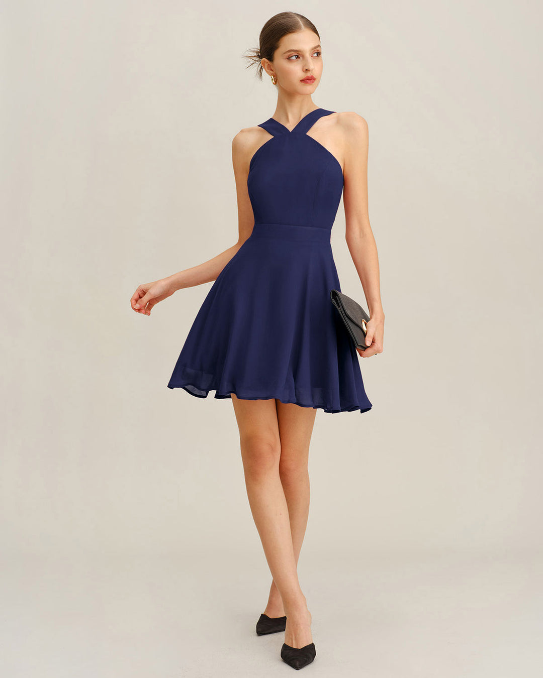 Navy Chiffon A-Line Mini Dress