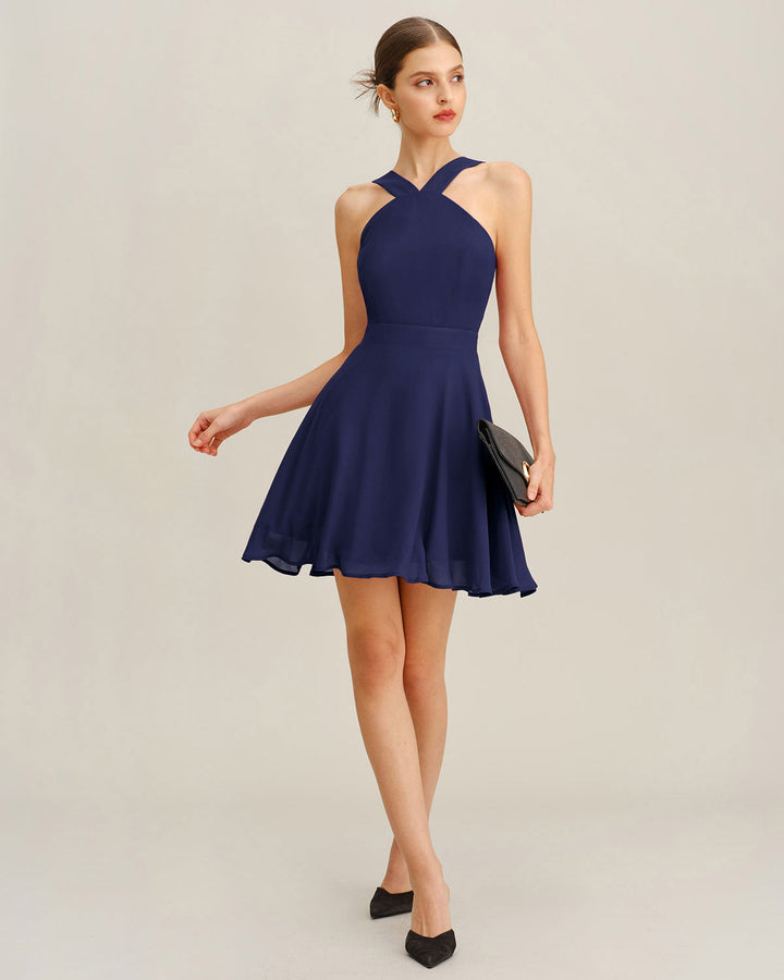 Navy Chiffon A-Line Mini Dress