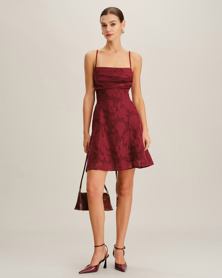 Wine Red Floral Backless Slip Mini Dress