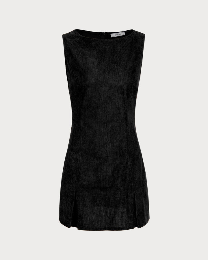 Black Boat Neck Corduroy Sleeveless Mini Dress