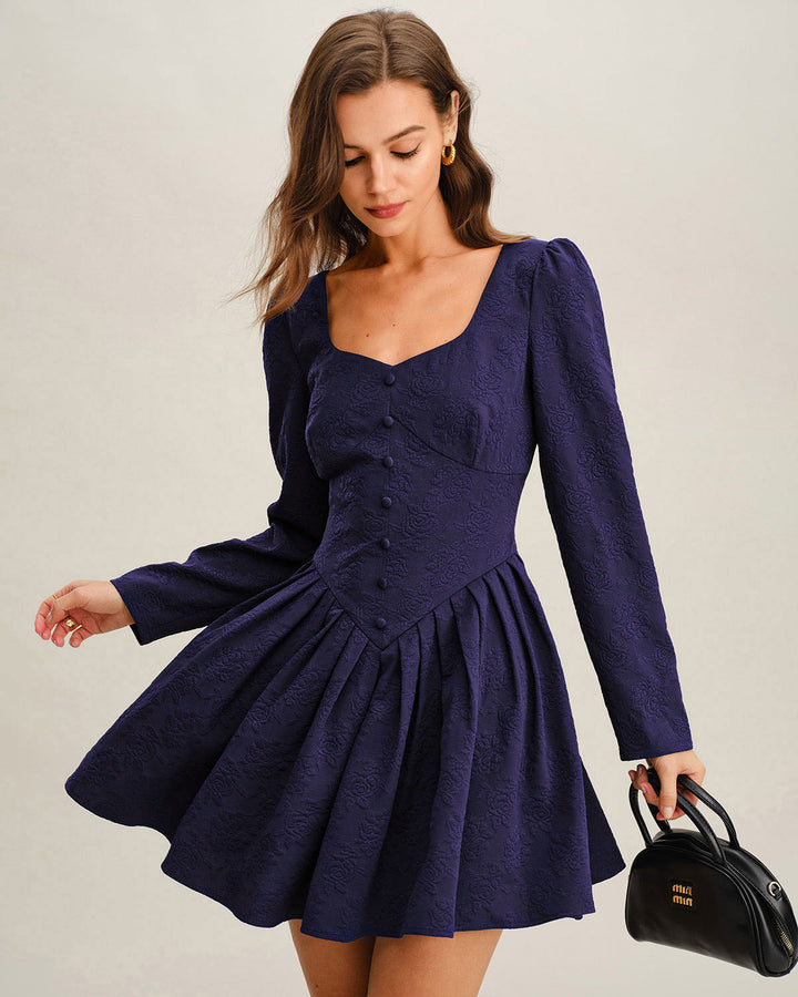 Navy V Neck Pleated Mini Dress