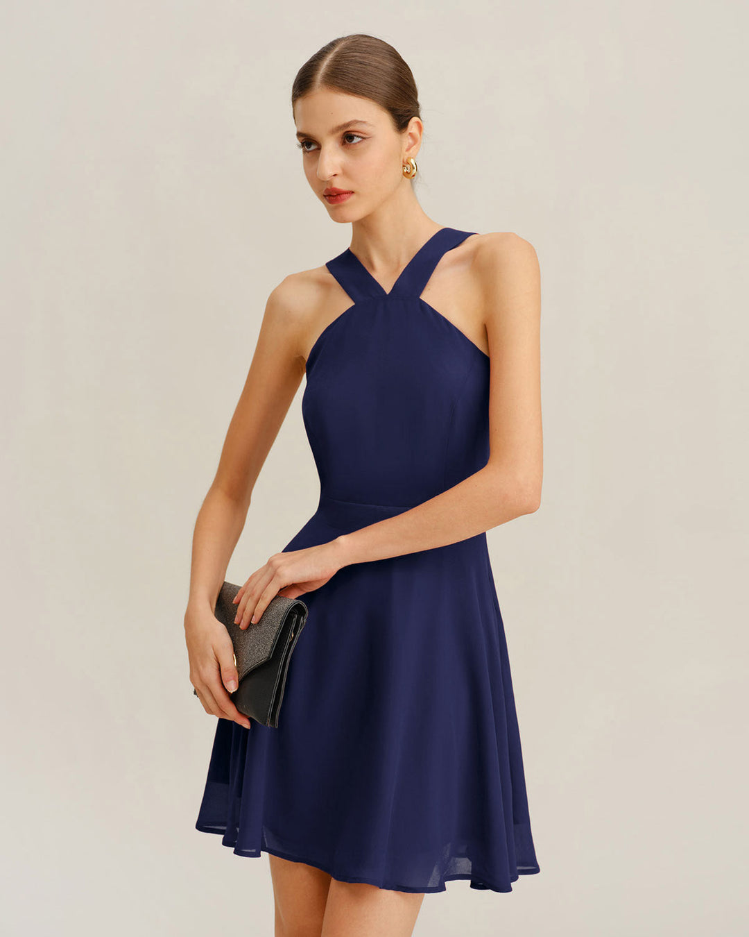 Navy Chiffon A-Line Mini Dress