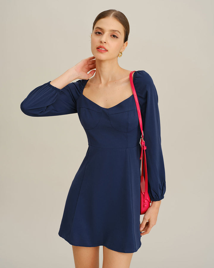 Navy Puffed Sleeve A-Line Mini Dress