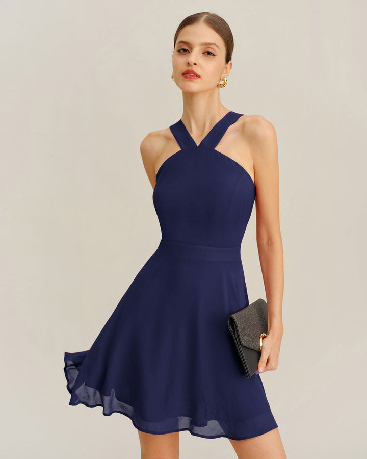 Navy Chiffon A-Line Mini Dress
