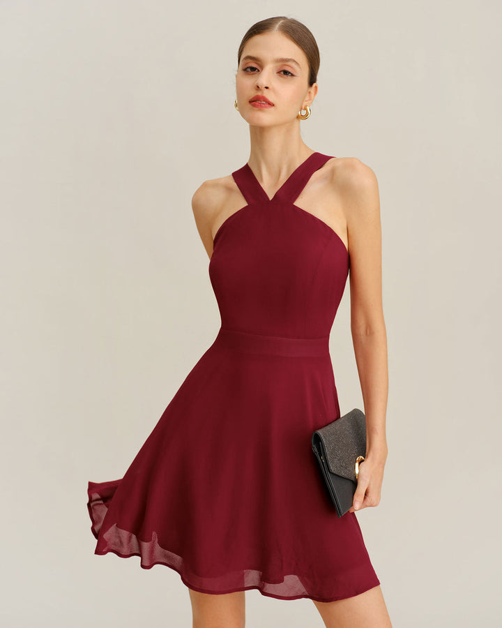 Wine Red Chiffon A-Line Sleeveless Mini Dress