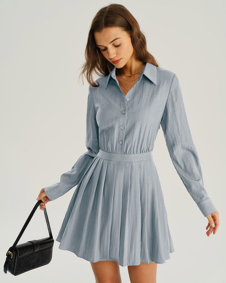 Blue Pleated A-Line Mini Dress