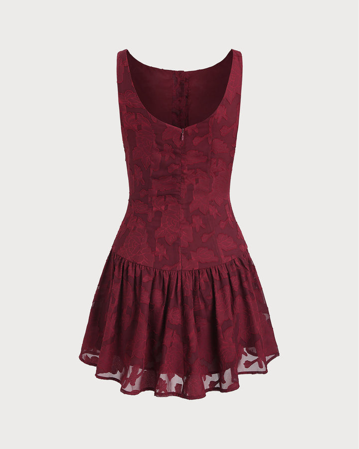 Red Jacquard Boat Neck A-Line Mini Dress