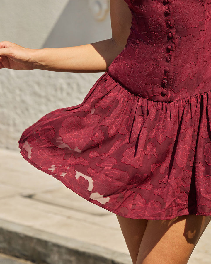 Red Jacquard Boat Neck A-Line Mini Dress