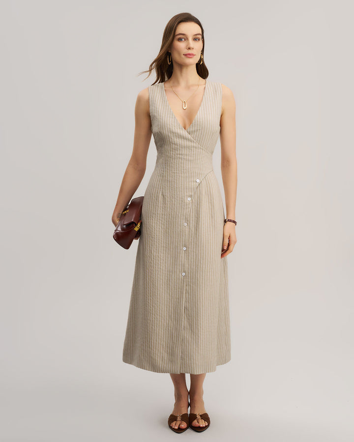 Khaki Striped V-Neck Sleeveless Maxi Dress