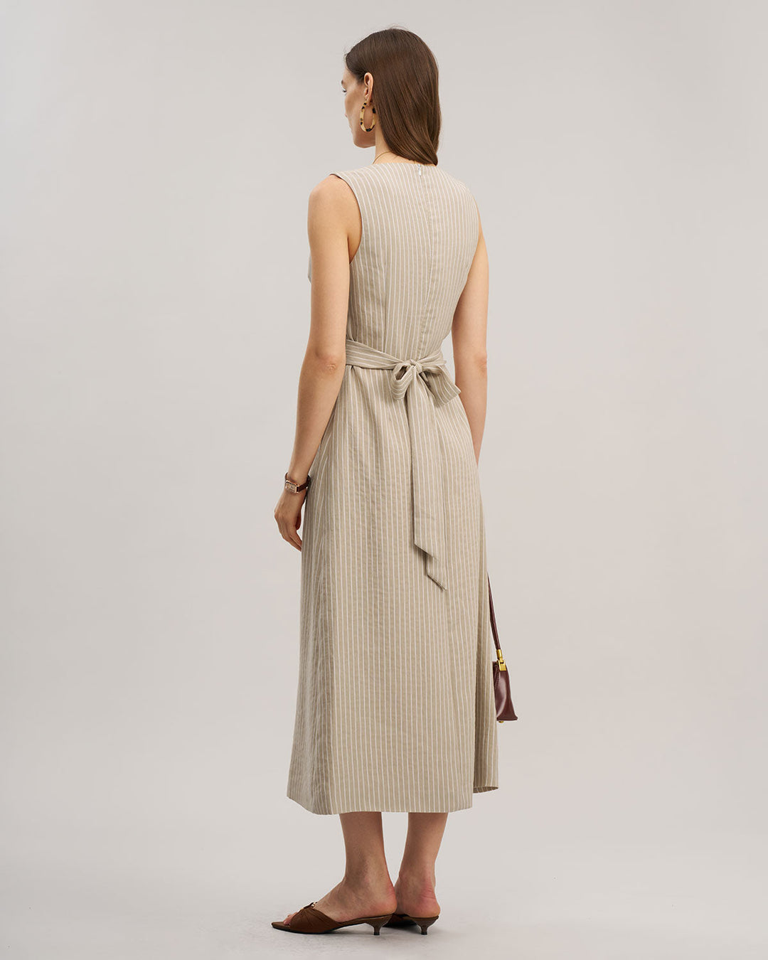 Khaki Striped V-Neck Sleeveless Maxi Dress