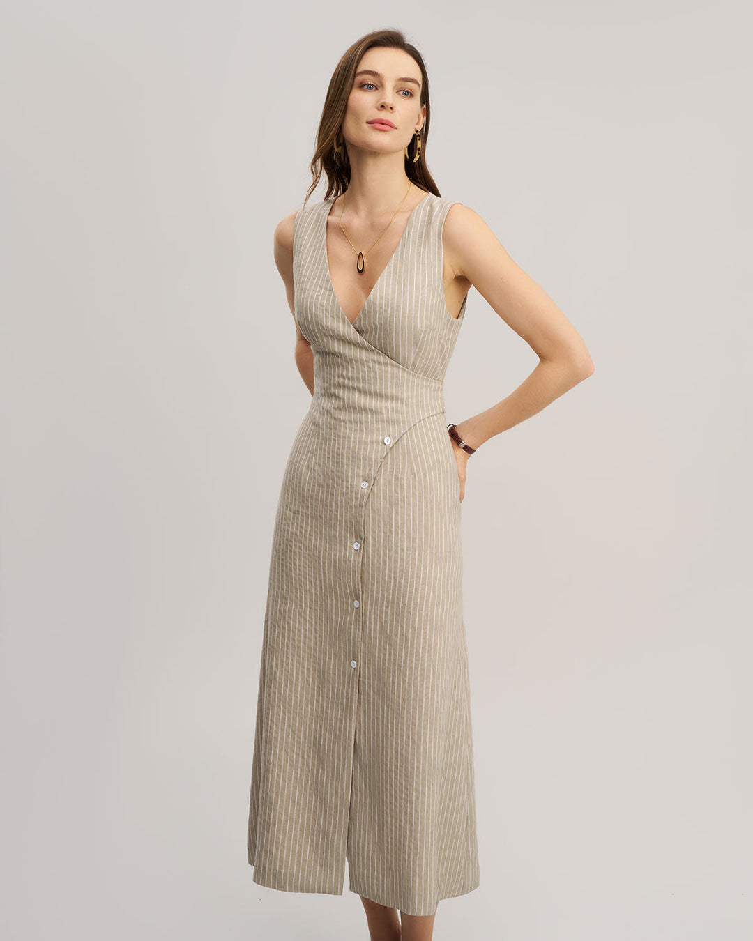 Khaki Striped V-Neck Sleeveless Maxi Dress