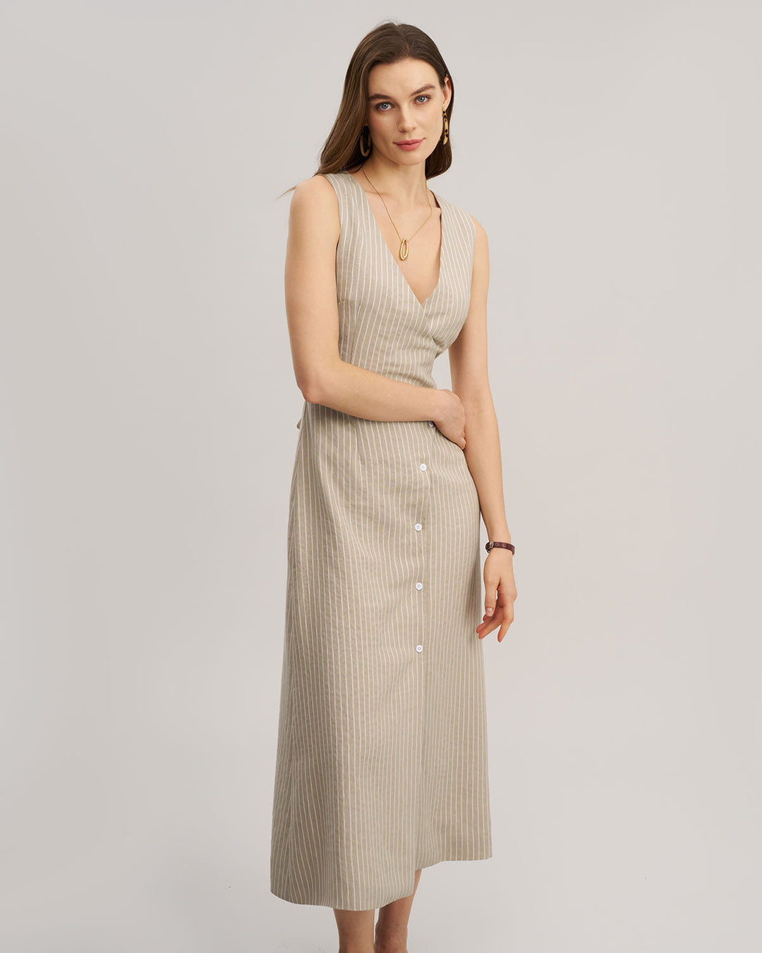 Khaki Striped V-Neck Sleeveless Maxi Dress