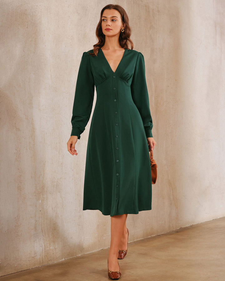 Green Ruched Button Midi Dress