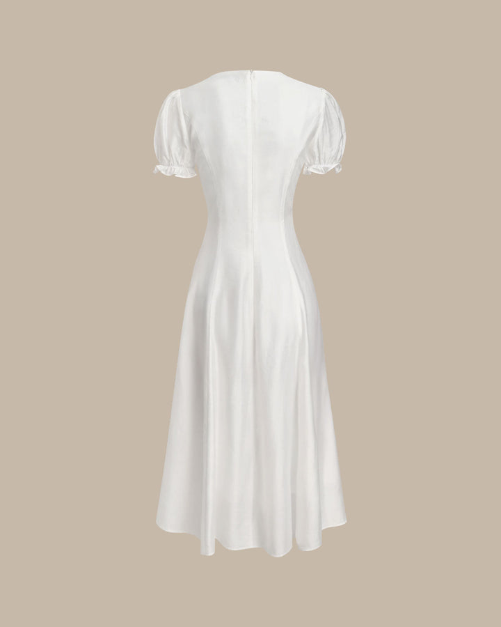 White Puffed Sleeve V Neck Midi Dress